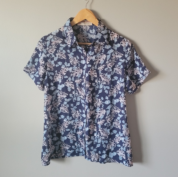 Vintage Japanese silk shirt Navy Blue leaf print - Picture 1 of 9
